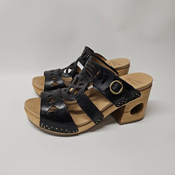 Dankso Oralee Black Leather Cut Out Wood Platform Sandals Boho Chic 39/8.5-9 - Picture 3 of 11